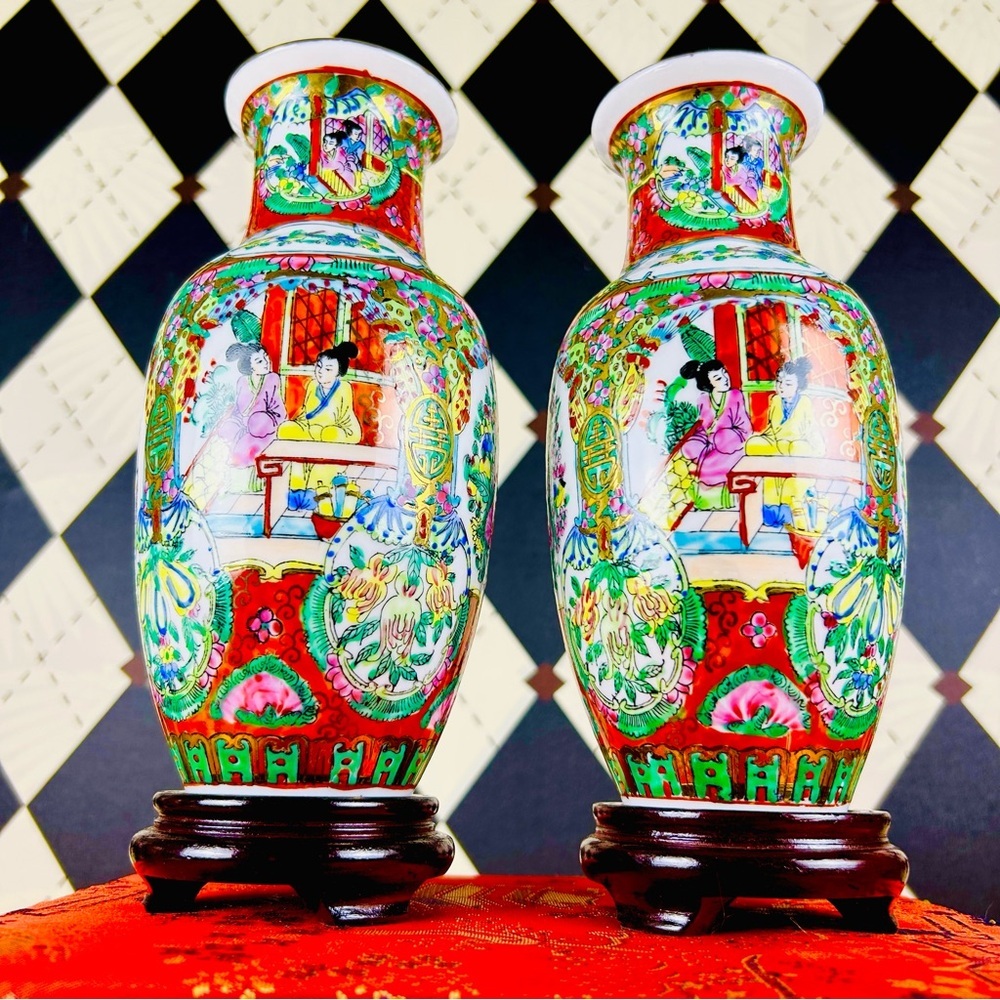 Rose Medallion Vase Pair Porcelain Hand-Painted w/ Stands & Red Presentation Box
